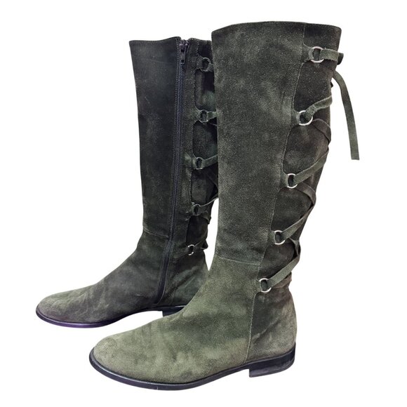 Vintage Suarez Italy Womens Olive Green Suede Knee High Lace Up Boots Side Zip 8 - Picture 2 of 12